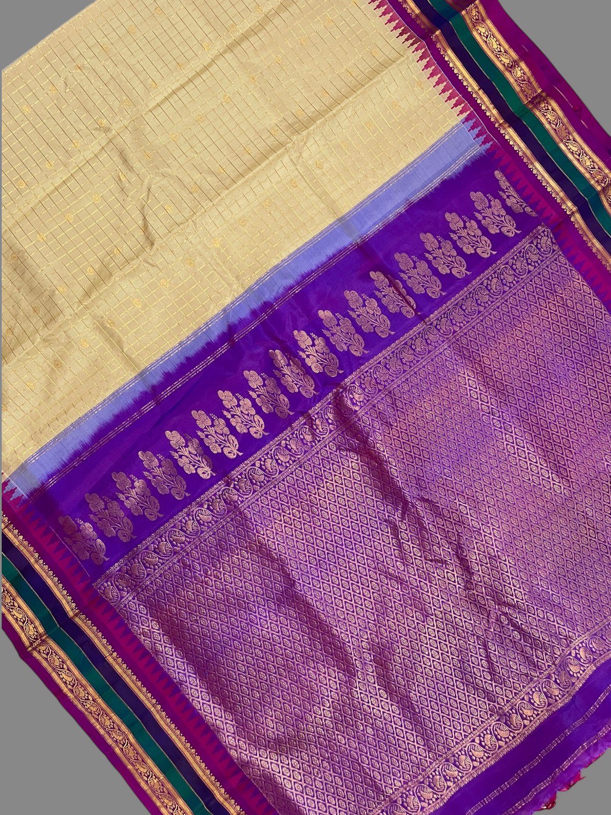 Gap Border Checks Ivory Cream Pure Silk Saree