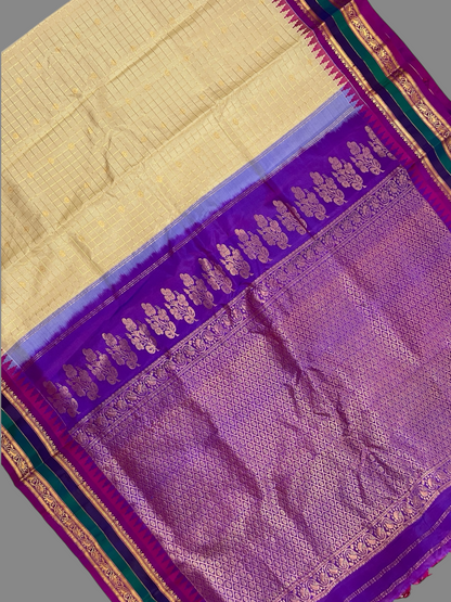 Gap Border Checks Ivory Cream Pure Silk Saree