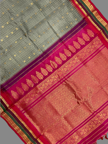 Gap Border Checks Metallic Steel Grey Pure Silk Saree