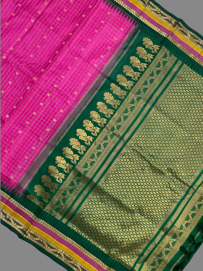 Gap Border Checks Magenta Pink Pure Silk Saree