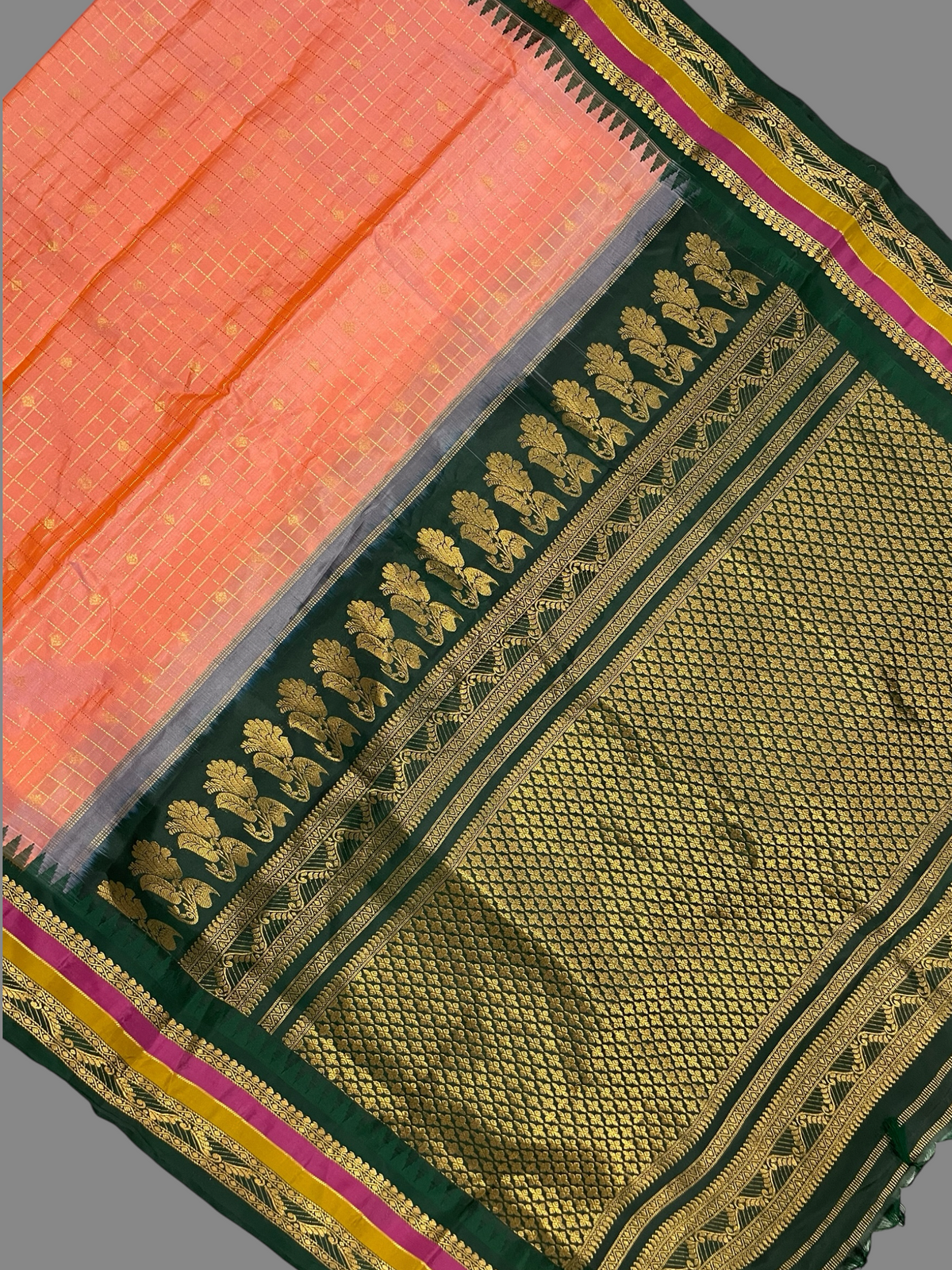 Gap Border Checks Soft Peach Pink Pure Silk Saree