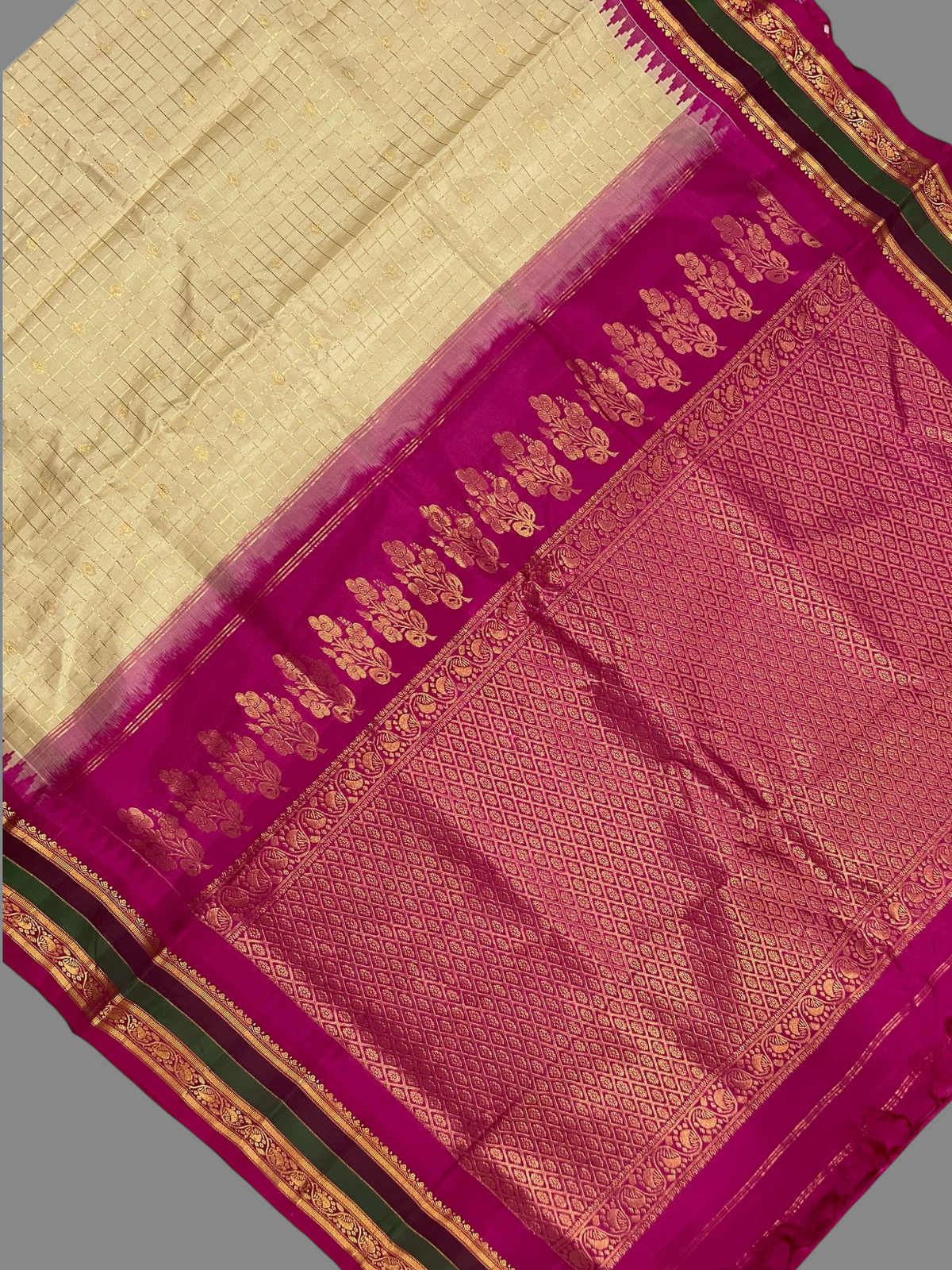 Gap Border Checks Pearl Cream Pure Silk Saree