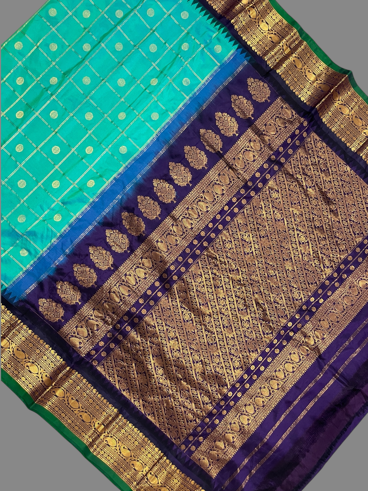 Bridal Big Checks Butta Sea Green Pure Silk Sarees