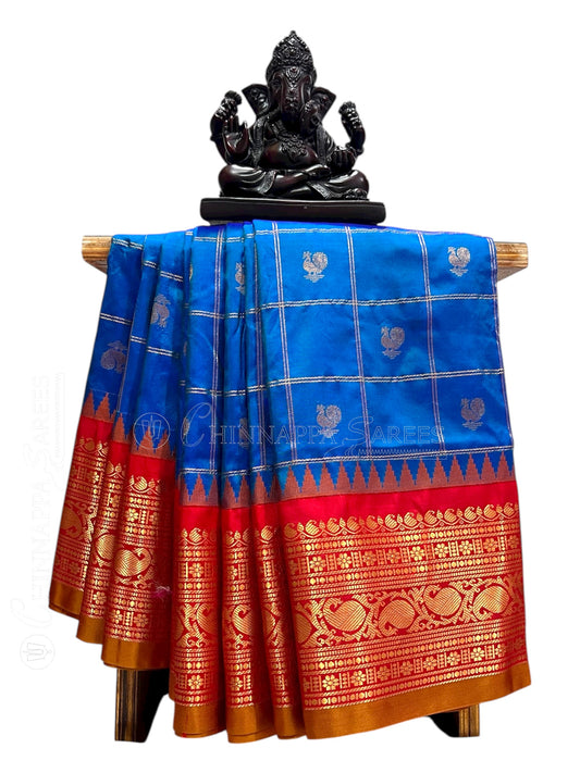 Bridal Big Checks Butta Cobalt Blue Pure Silk Sarees