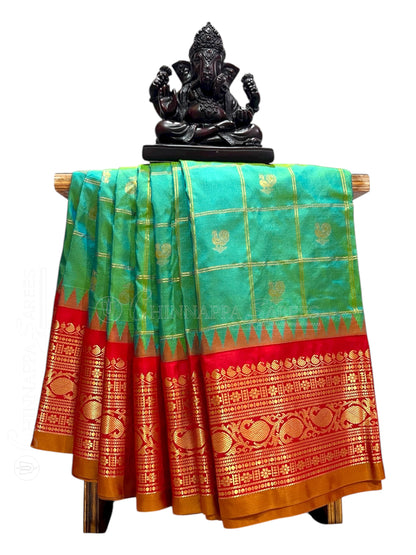 Bridal Big Checks Butta Light Mint Green Pure Silk Sarees