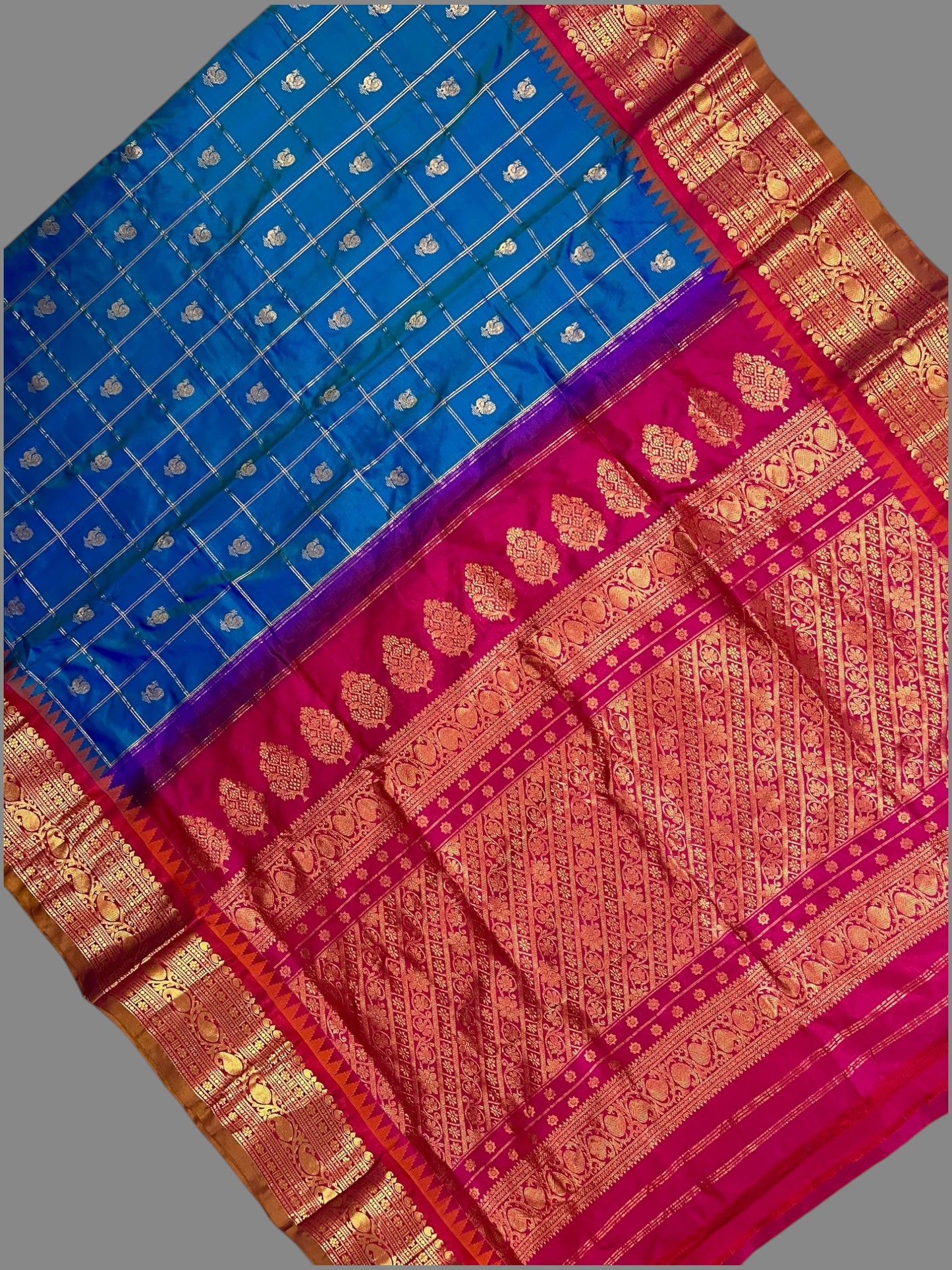 Bridal Big Checks Butta Cobalt Blue Pure Silk Sarees