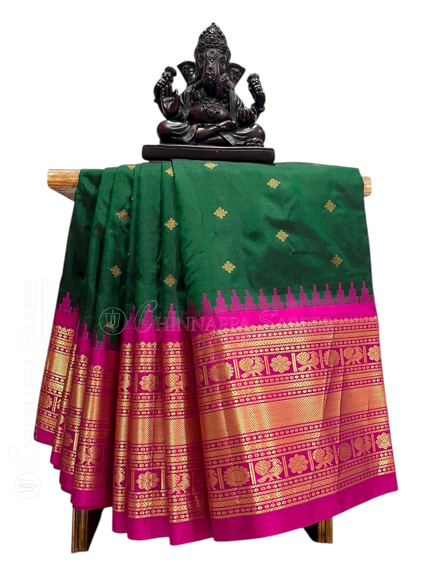Kanchi Big Border Dark  Green Pure Silk Saree