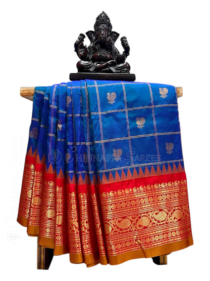 Bridal Big Checks Butta Royal Blue Pure Silk Sarees