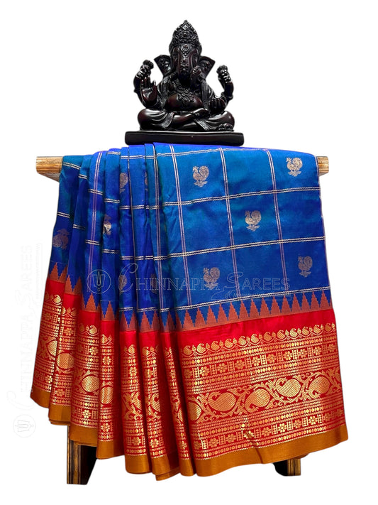 Bridal Big Checks Butta Royal Blue Pure Silk Sarees