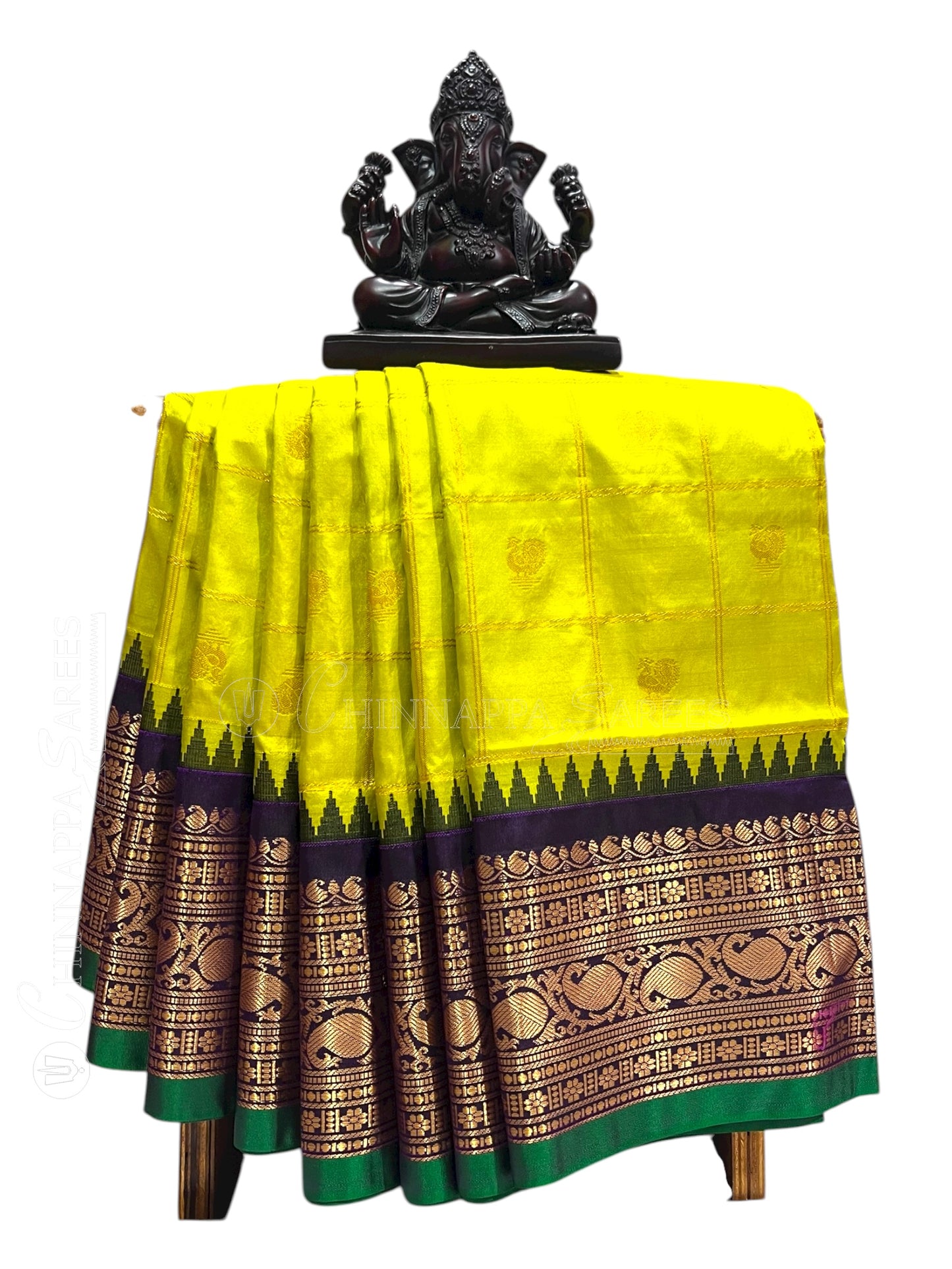 Bridal Big Checks Butta Neon Green Pure Silk Sarees