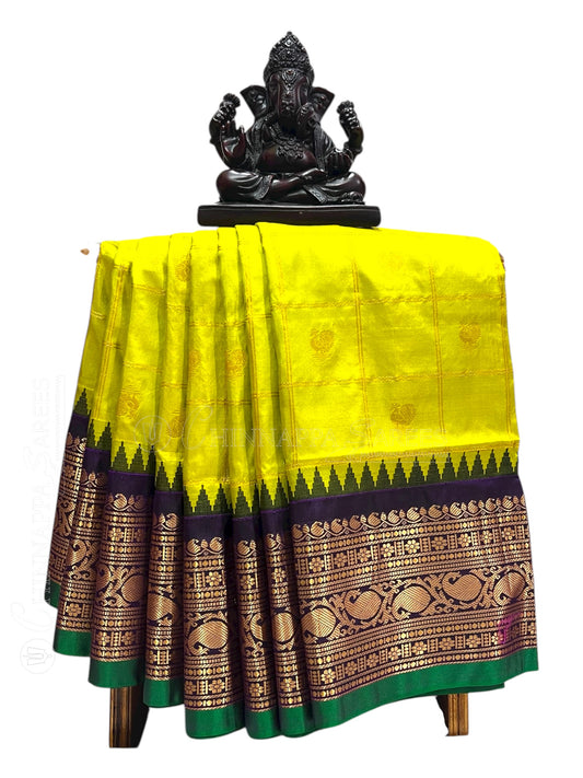 Bridal Big Checks Butta Neon Green Pure Silk Sarees