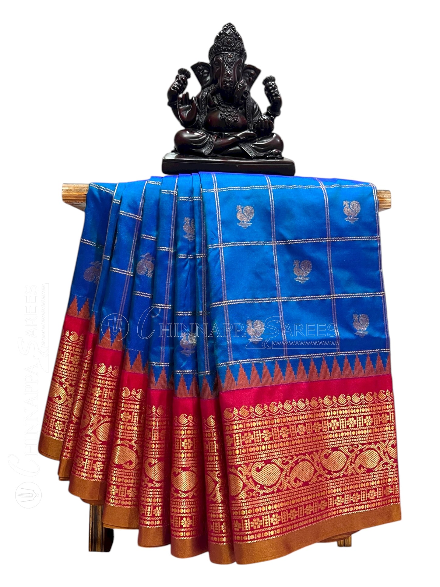 Bridal Big Checks Butta Cobalt Blue Pure Silk Sarees