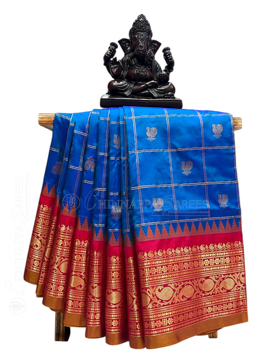 Bridal Big Checks Butta Cobalt Blue Pure Silk Sarees