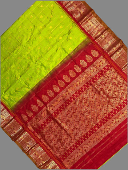 Bridal Big Checks Butta Parrot Green Pure Silk Sarees