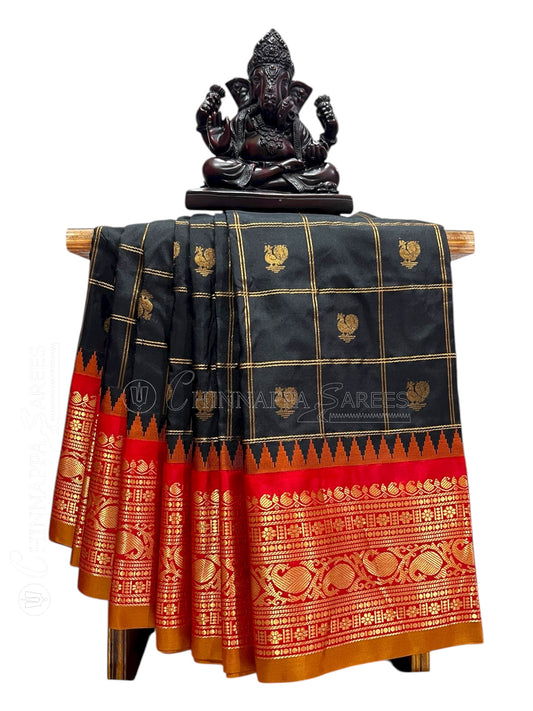 Bridal Big Checks Butta Black Pure Silk Sarees