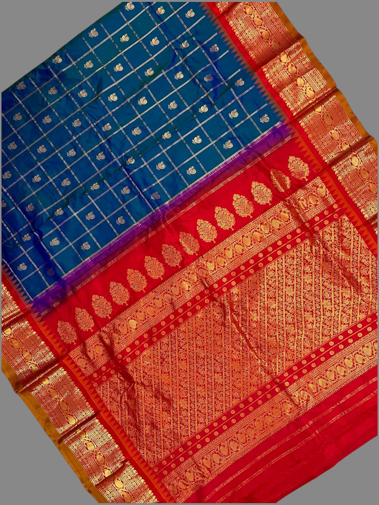Bridal Big Checks Butta Royal Blue Pure Silk Sarees