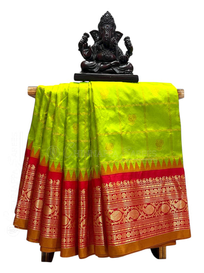 Bridal Big Checks Butta Parrot Green Pure Silk Sarees