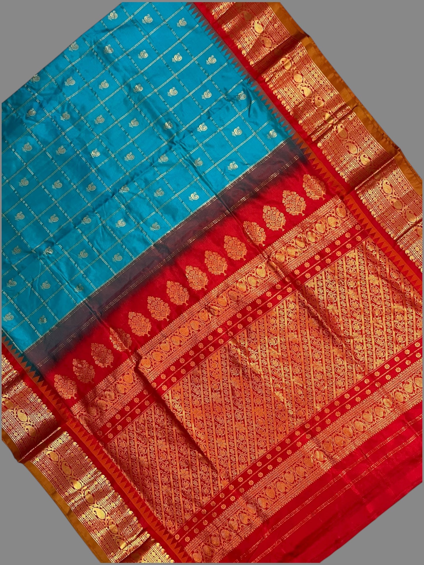 Bridal Big Checks Butta Blue Pure Silk Sarees
