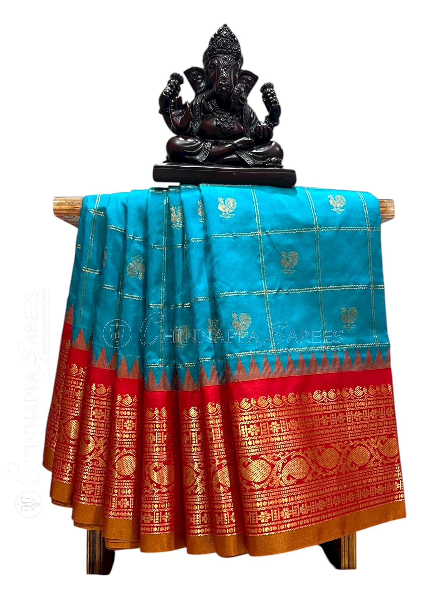 Bridal Big Checks Butta Blue Pure Silk Sarees