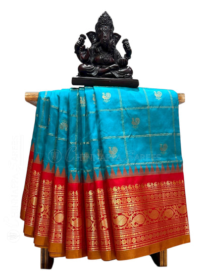 Bridal Big Checks Butta Blue Pure Silk Sarees