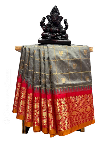 Bridal Big Checks Butta Grey Pure Silk Sarees