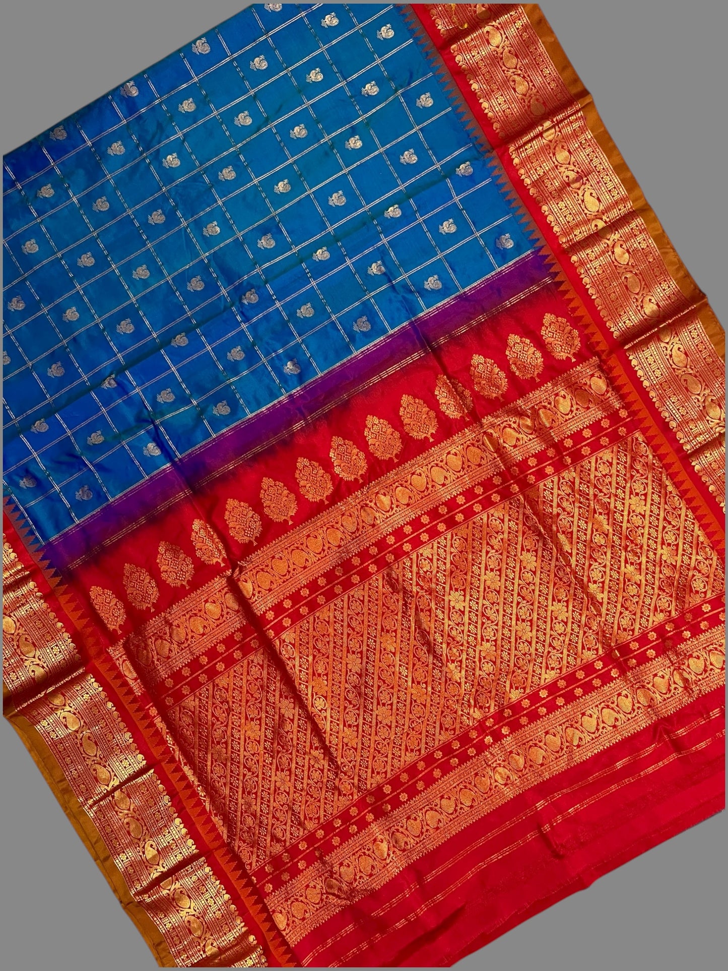 Bridal Big Checks Butta Cobalt Blue Pure Silk Sarees