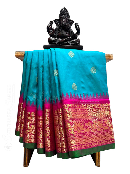 Gadwal Big Border Light Ananda Blue Pure Silk Sarees